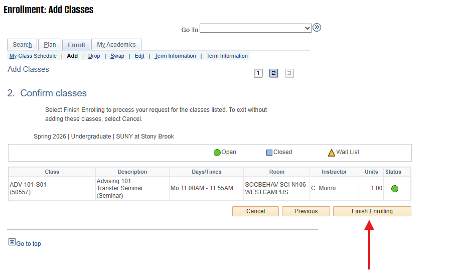 Online class enrollment interface showing class details with a red arrow pointing to the "Finish Enrolling" button.