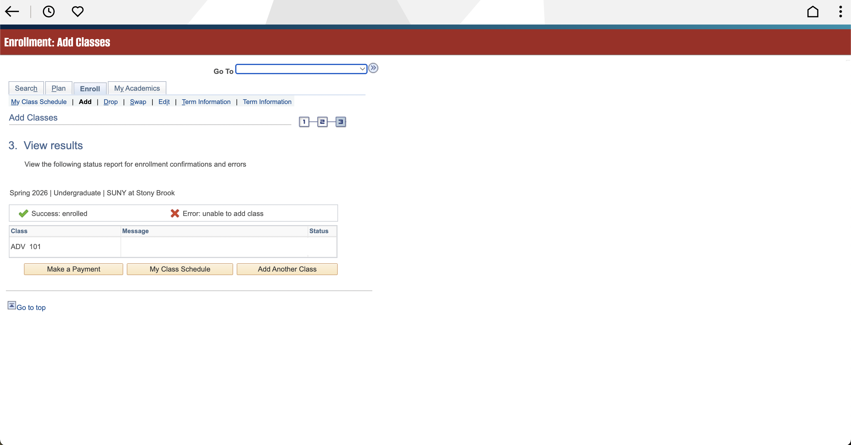 Online enrollment interface showing successful enrollment in ADV 101 with options to make a payment or add another class.