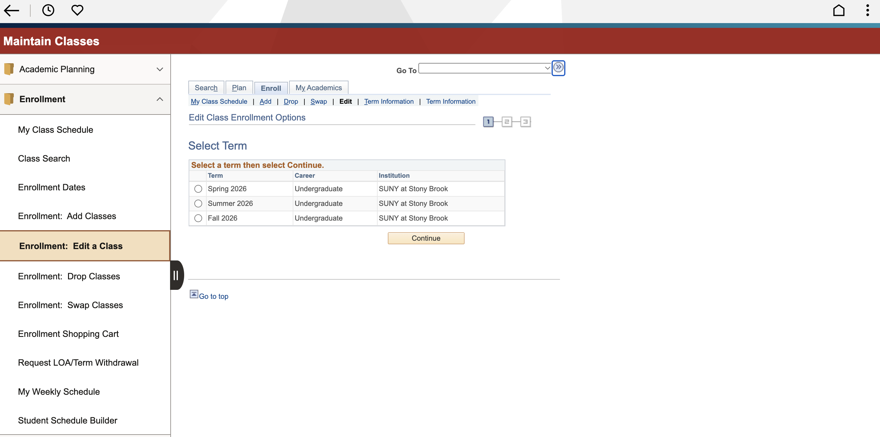 Webpage displaying class enrollment options for SUNY at Stony Brook.