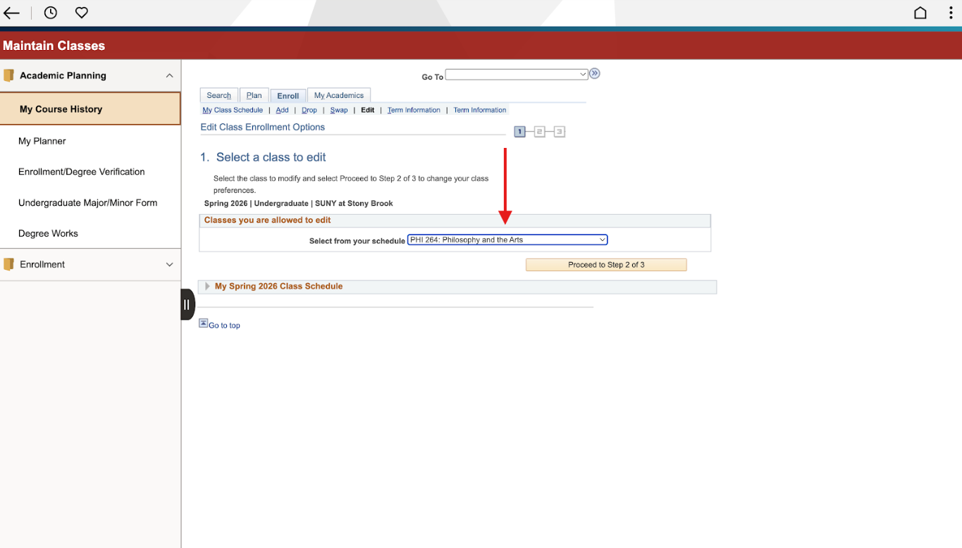 Screenshot of an academic portal showing class enrollment options with a dropdown menu for selecting a class.