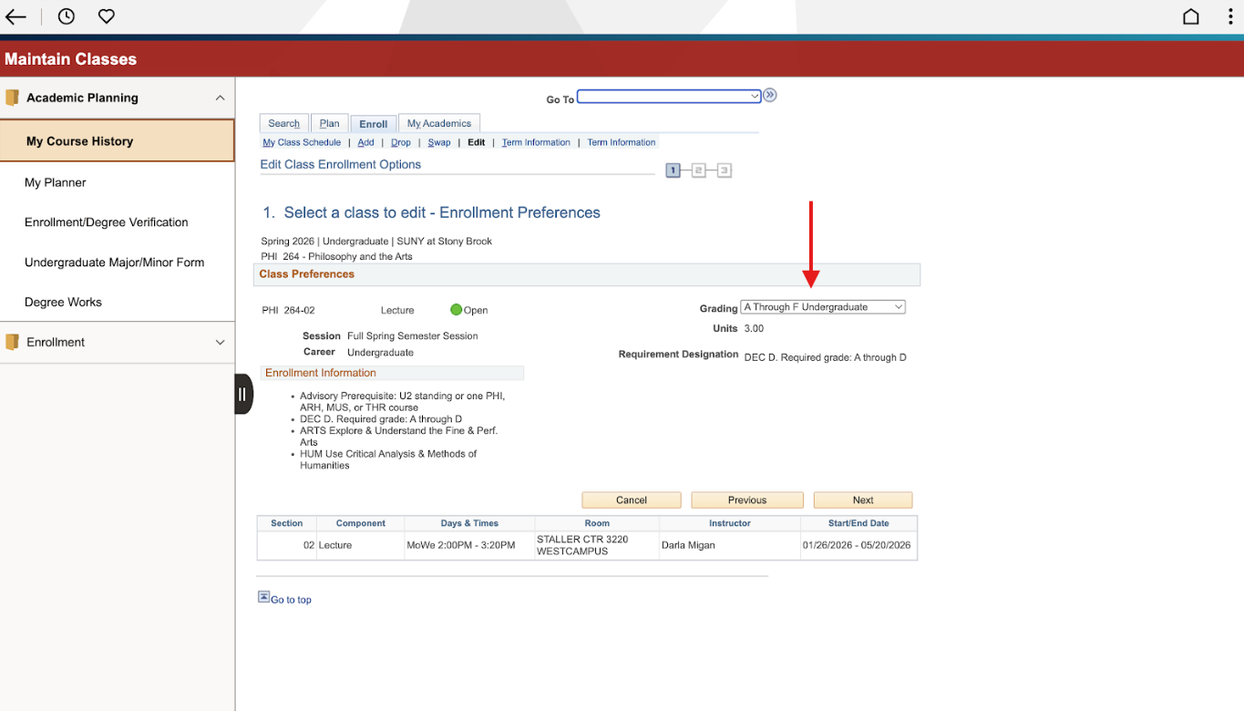 University class enrollment screen for PHI 264 - Philosophy and the Arts, Spring 2026 at SUNY Stony Brook.