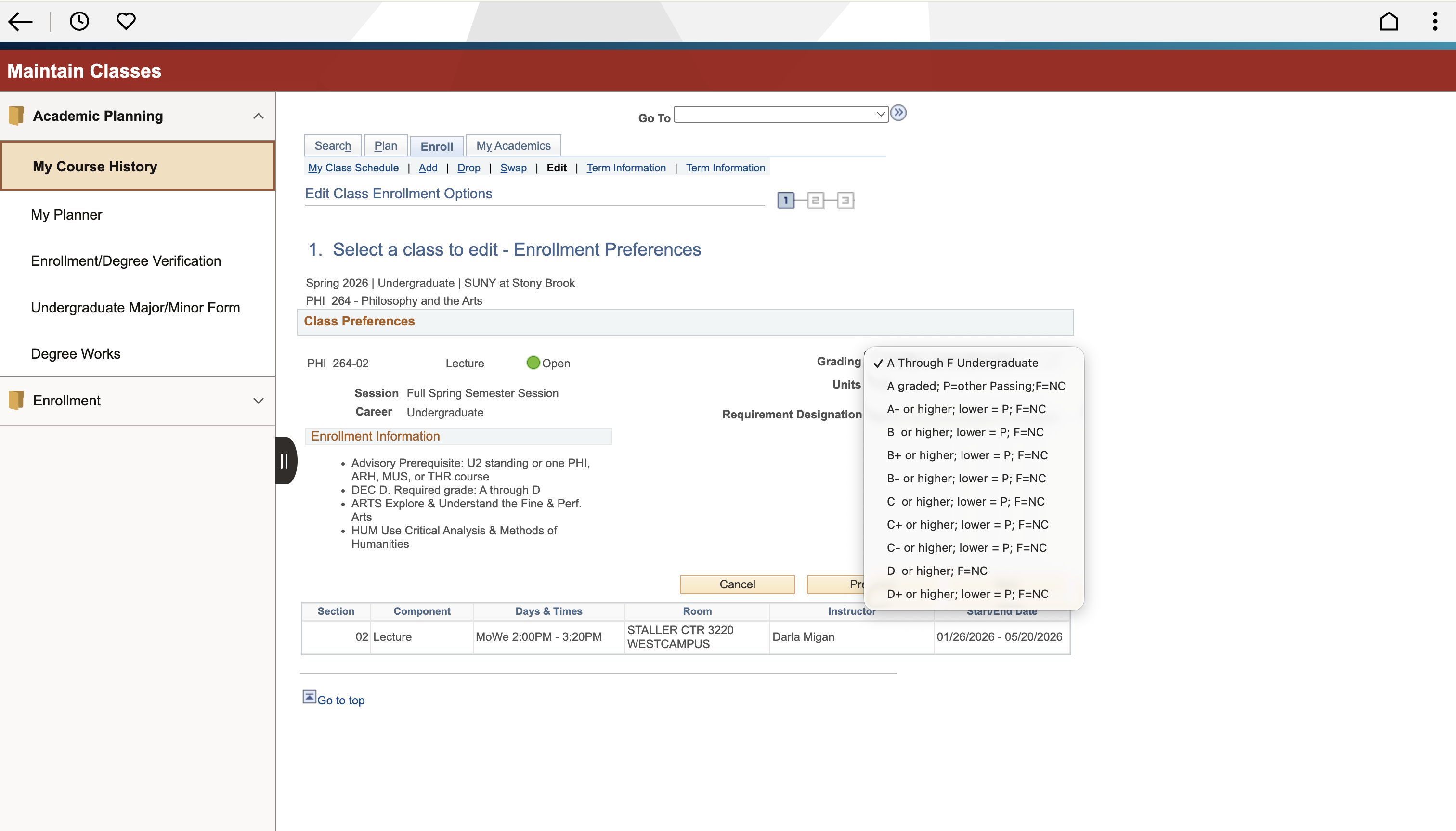 University class enrollment screen for PHI 264 - Philosophy and the Arts; the grading option dropdown is expanded.
