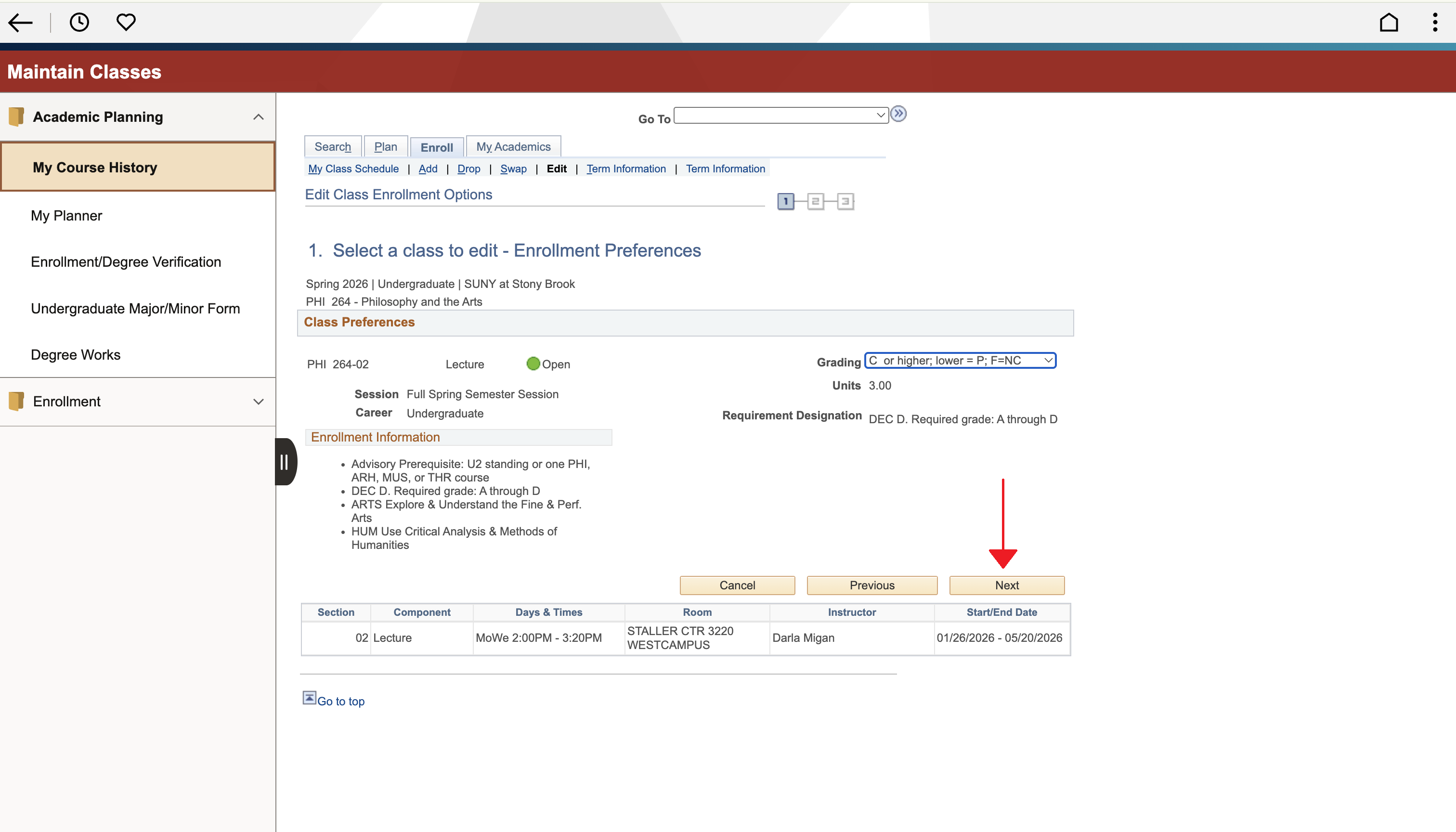 University class enrollment screen for PHI 264 - Philosophy and the Arts. Red arrow pointing to the “Next” button.