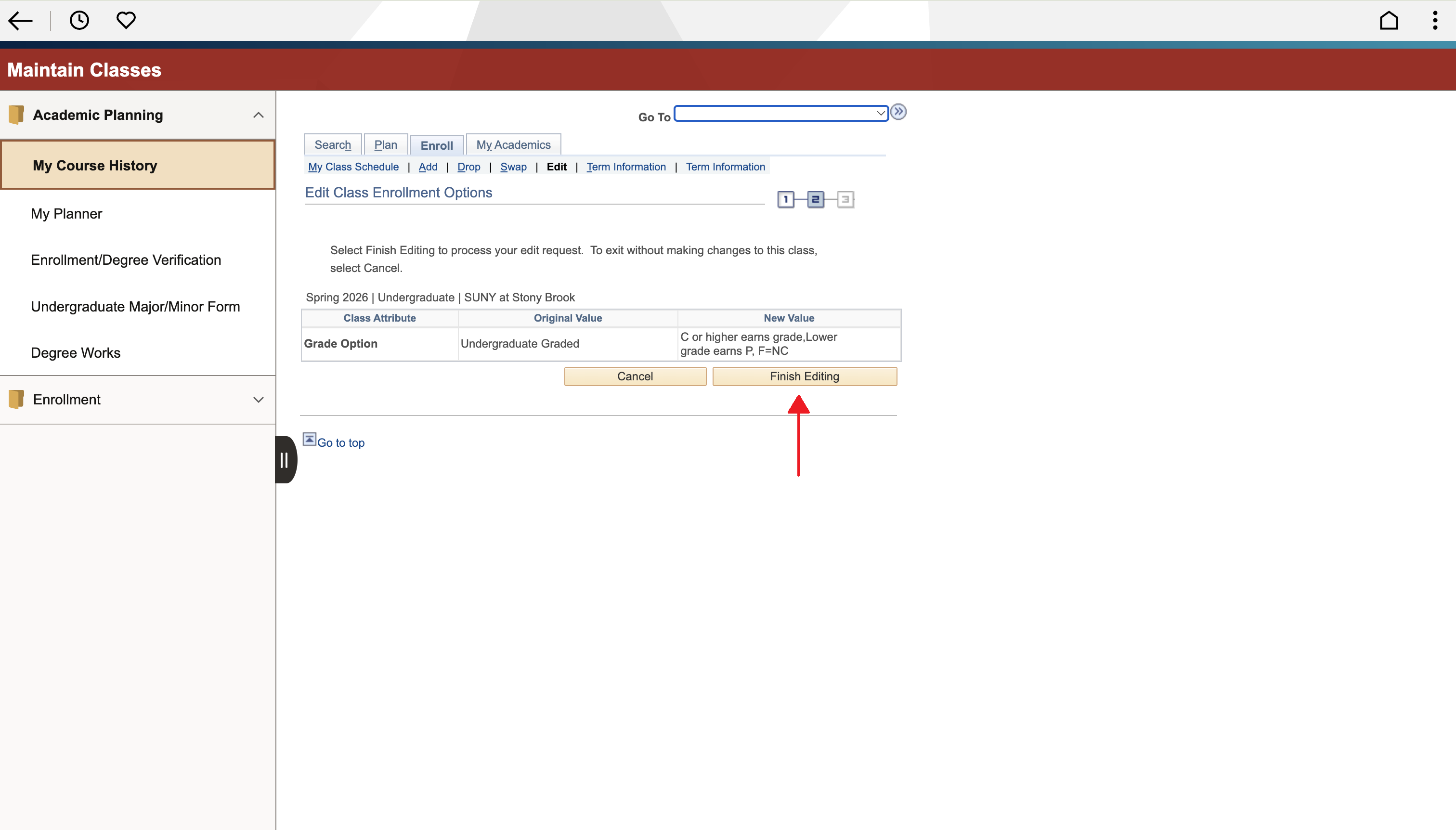 User interface for editing class enrollment options with a highlighted "Finish Editing" button.