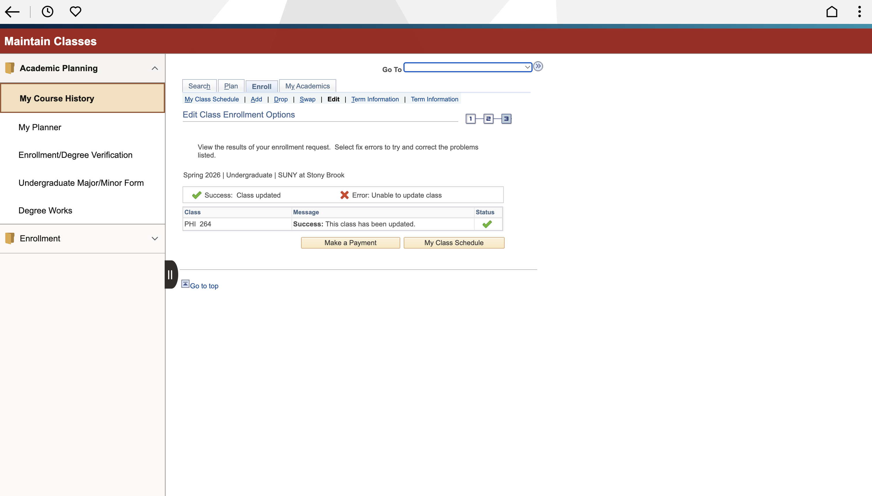 Webpage displaying class enrollment options with a navigation menu and success message for class update