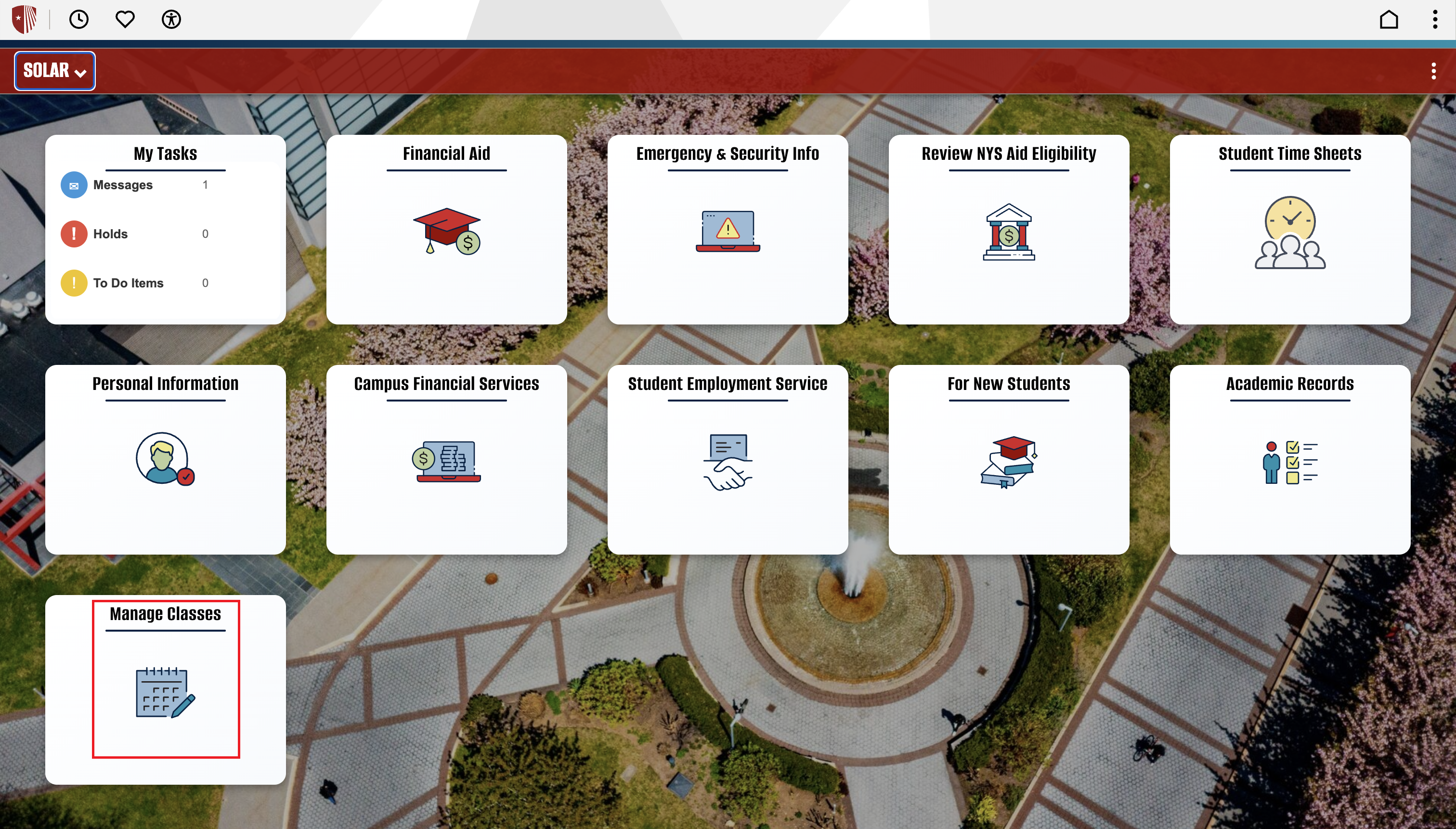Student portal interface with service tiles over a campus plaza and fountain. Red box indicating “Manage Classes” button