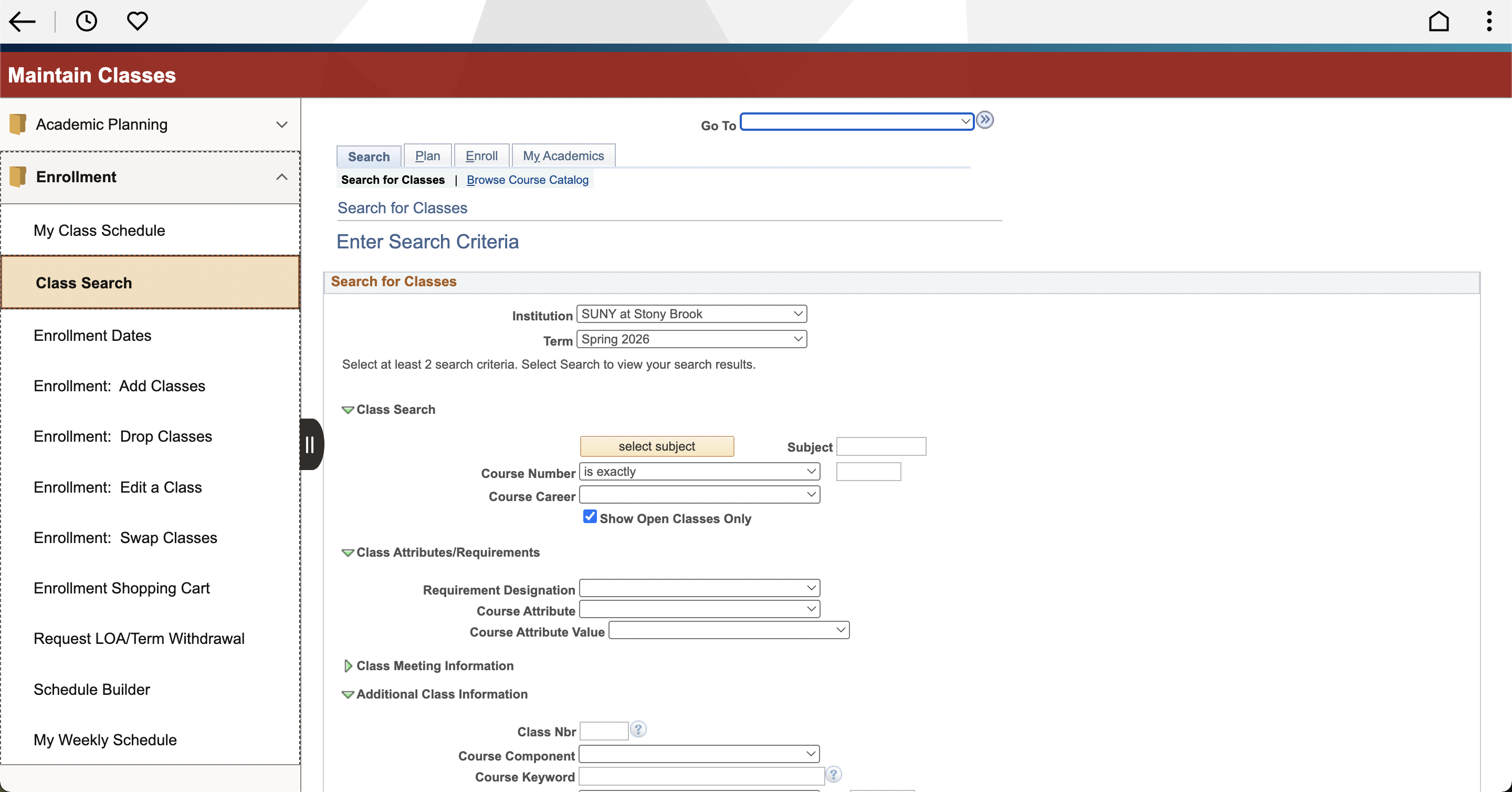 Class registration web interface with navigation menu and search criteria form.