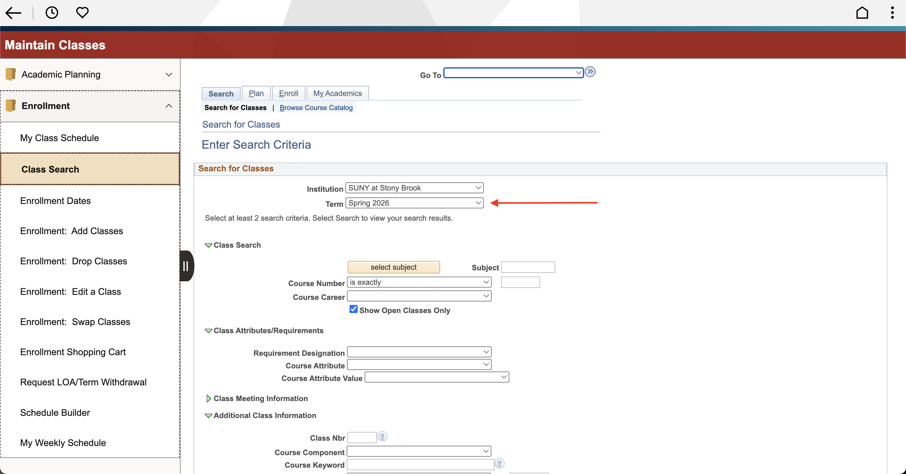 Class search interface with enrollment options at SUNY at Stony Brook for Spring 2026. Red arrow indicating term dropdown menu.