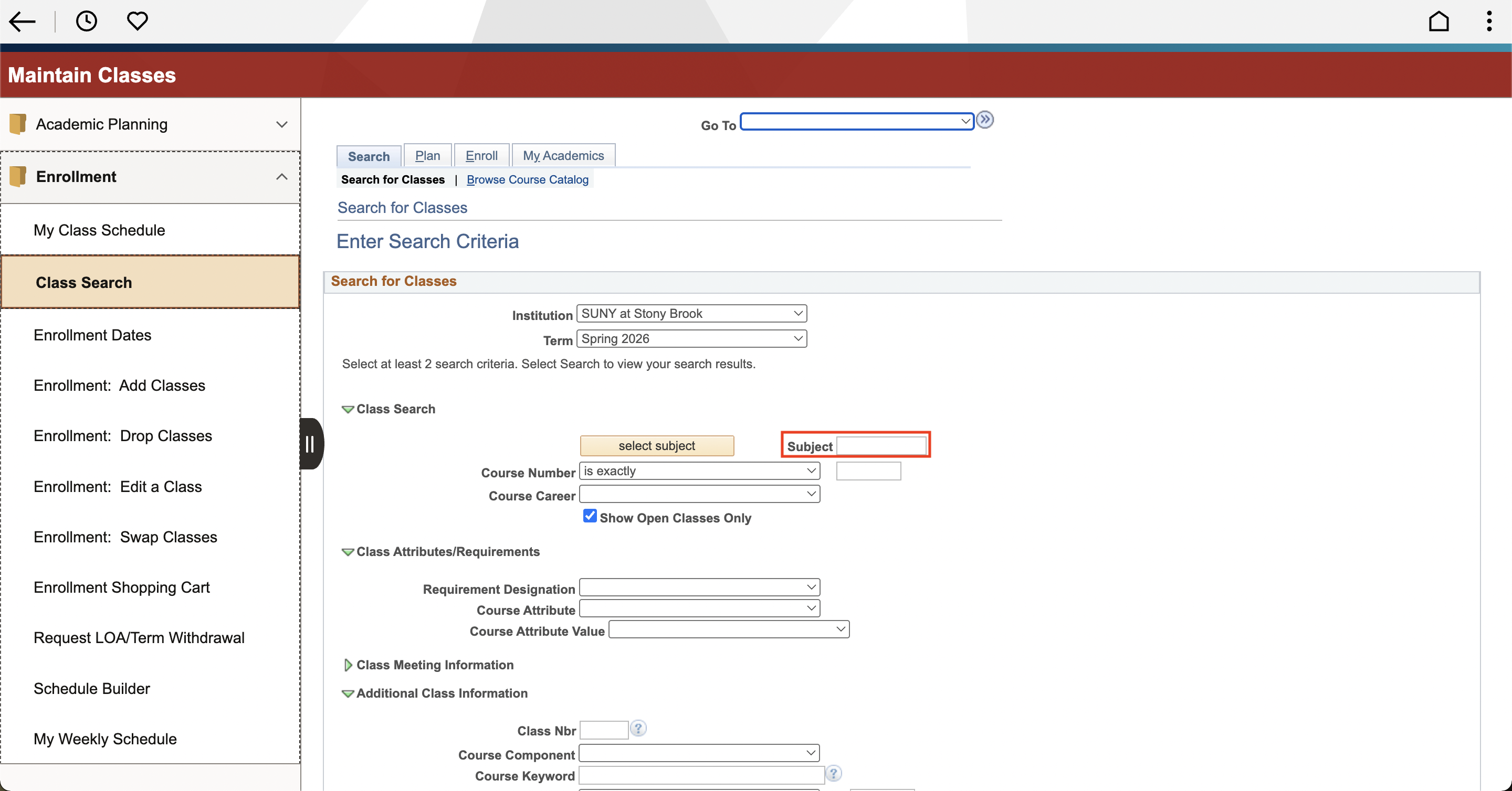 Student enrollment system interface showing search criteria for classes. Red box indicating “Subject” box.