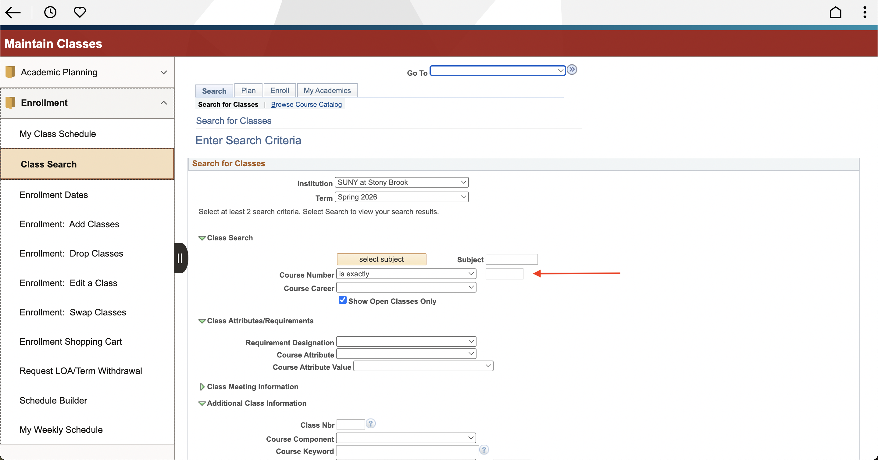 Student enrollment system interface showing search criteria for classes. Red arrow indicating “Course Number” box.