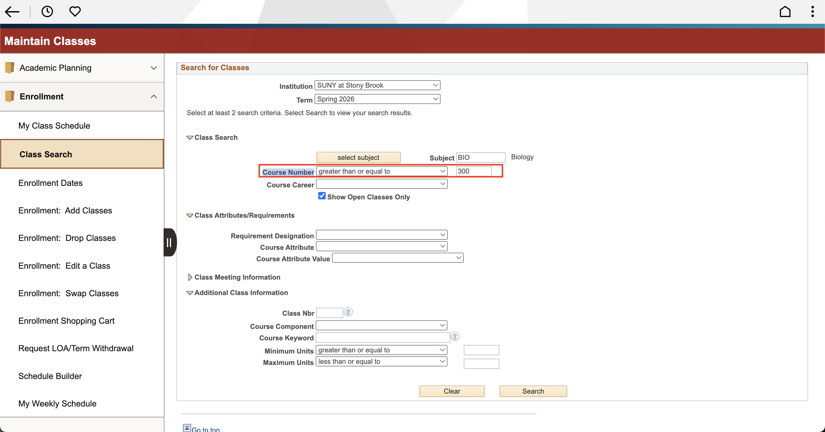 Class search interface for SUNY at Stony Brook Spring 2026, filtering Biology courses numbered 300 or higher.