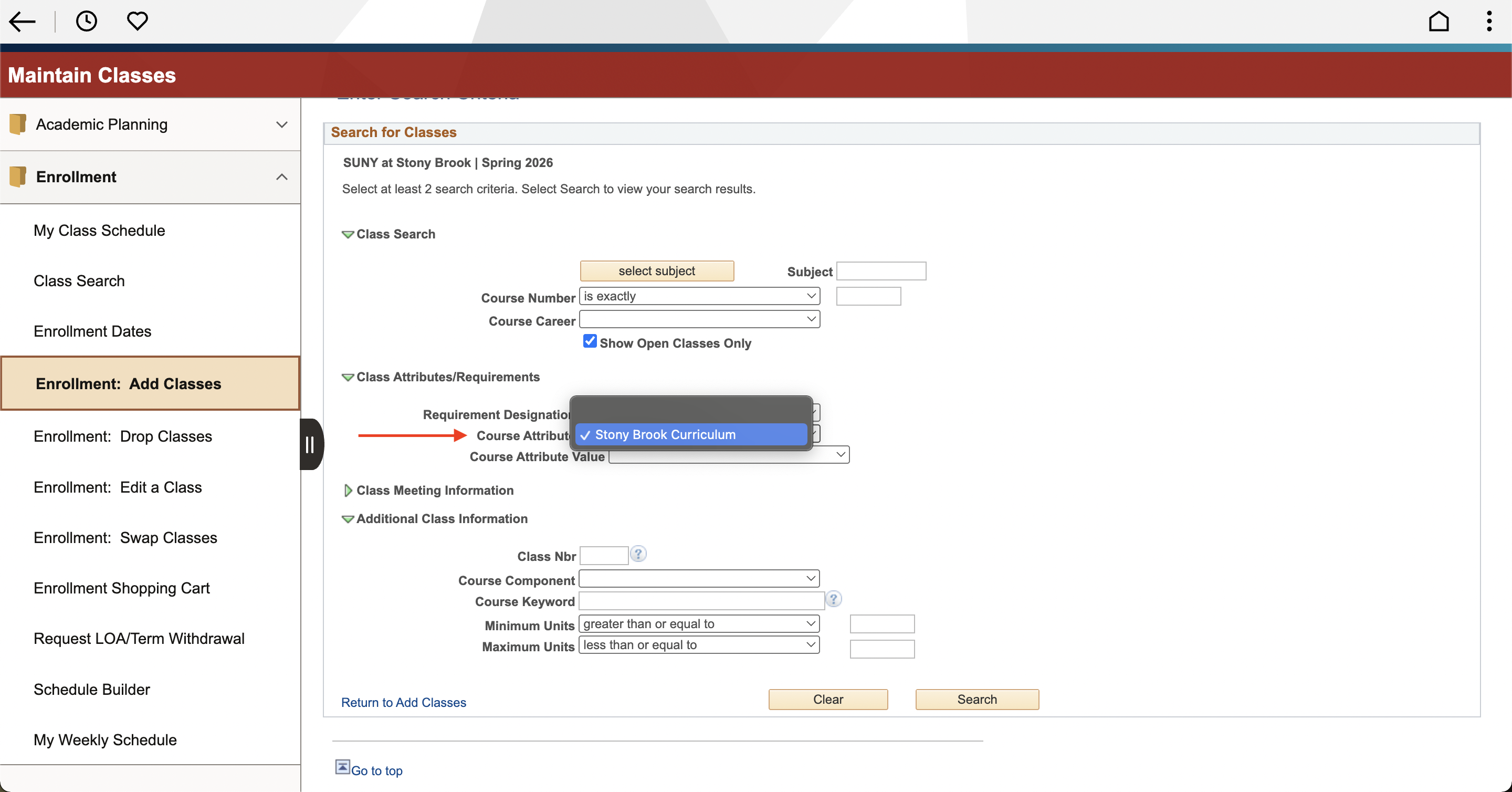 Class search interface for SUNY at Stony Brook Spring 2026, Red arrow indicating “Course Attribute” drop down menu.