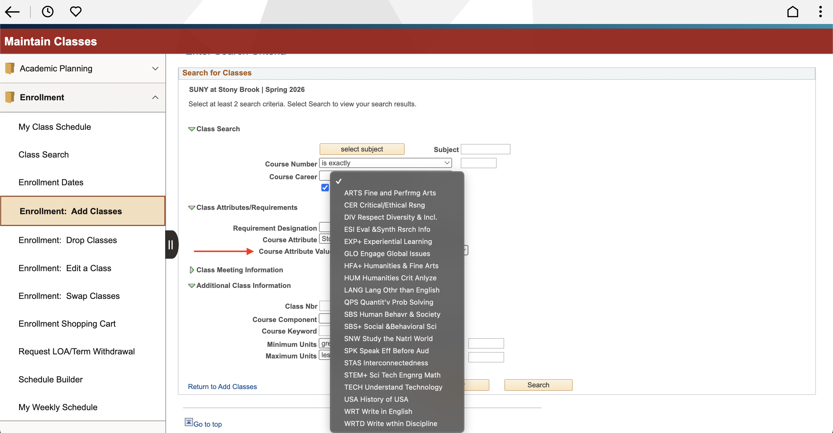 Class search interface for SUNY at Stony Brook Spring 2026, Red arrow indicating “Course Attribute Value” drop down menu.