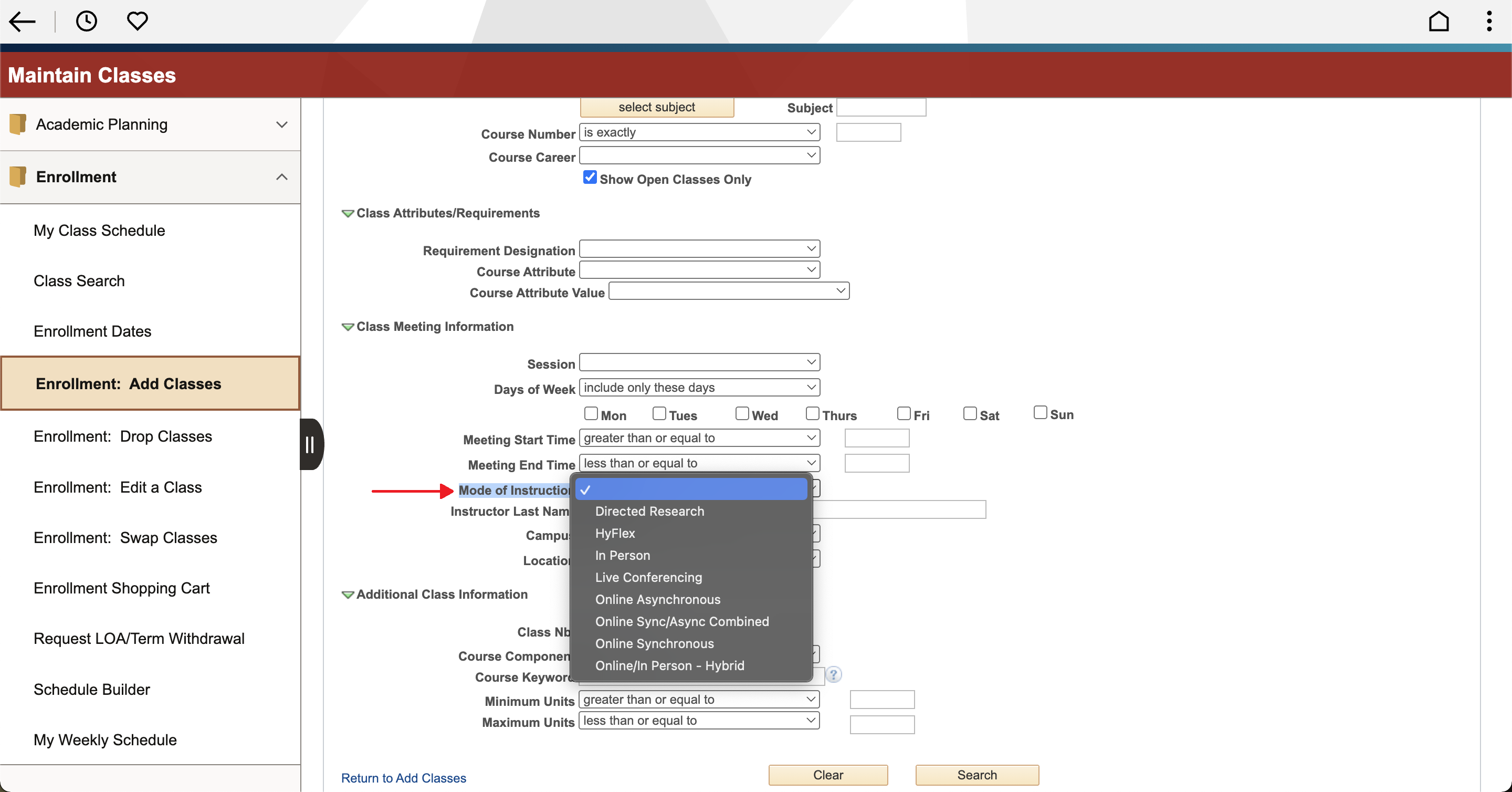 Class search interface for SUNY at Stony Brook Spring 2026, Red arrow indicating “Mode of Instruction” drop down menu.