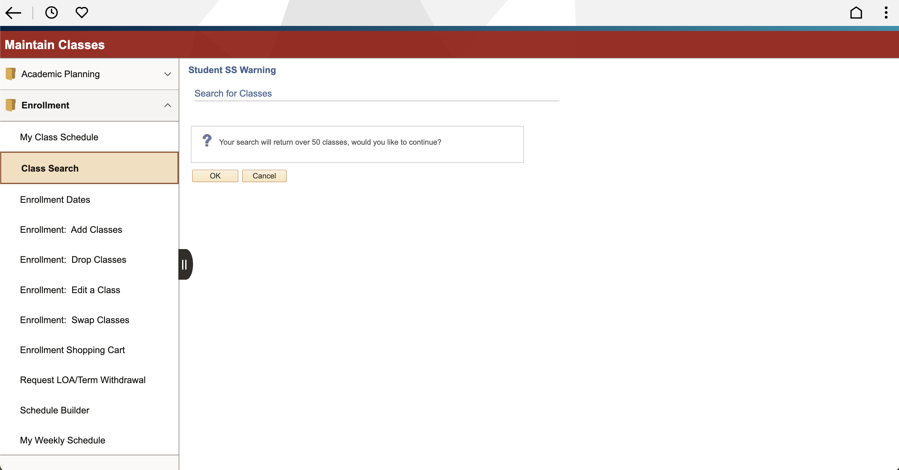 Webpage for class maintenance with a navigation menu and class search warning message.