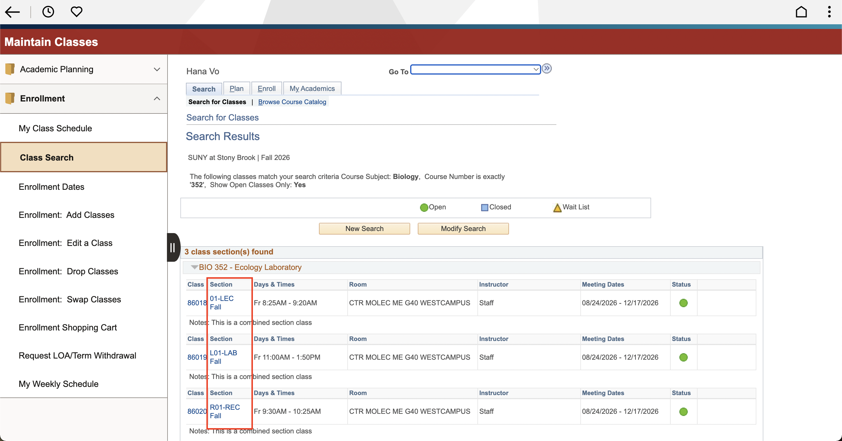 Screenshot of a university's class search interface displaying section options for "BIO 352 - Ecology Laboratory."