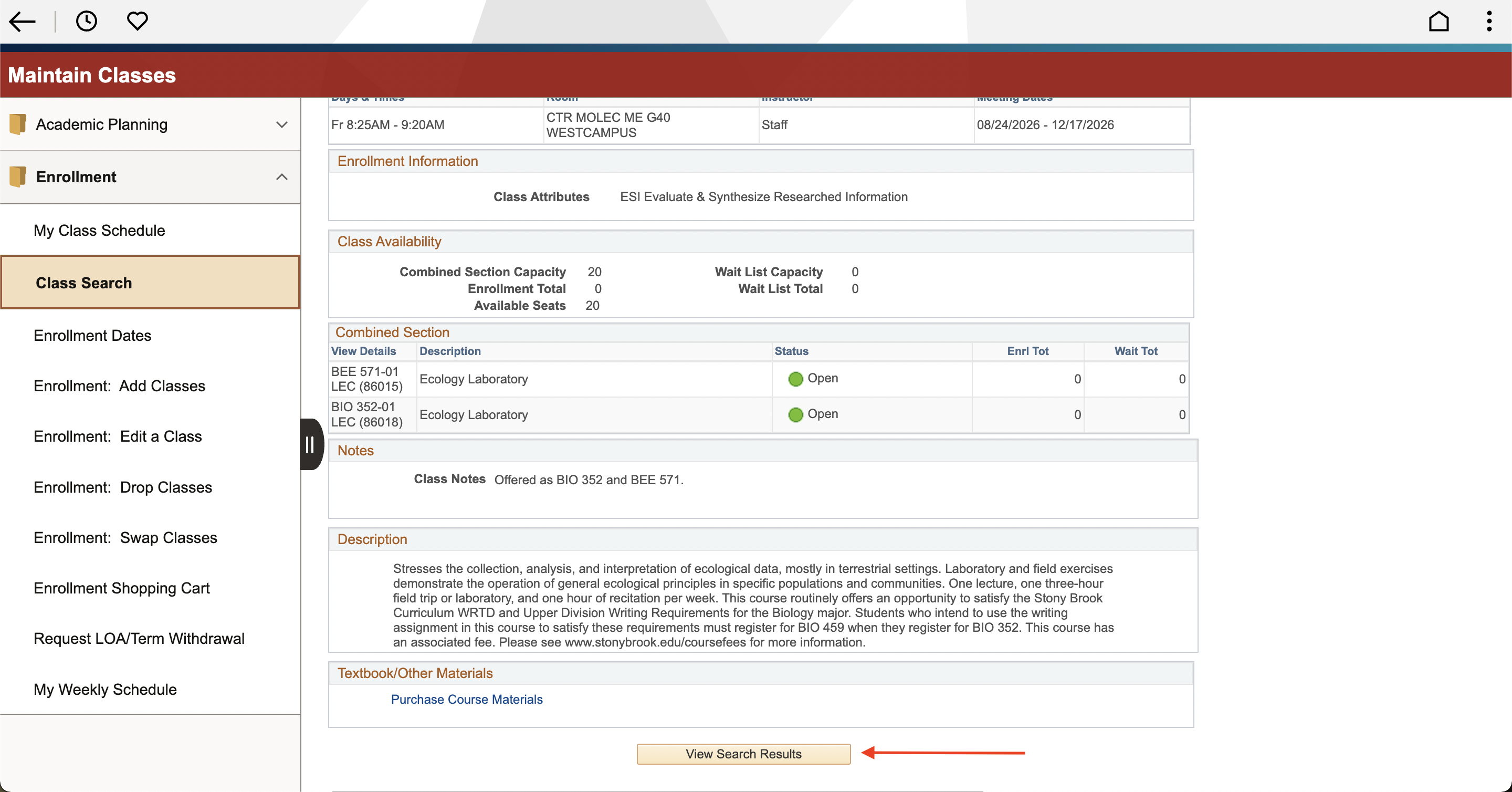 An online class enrollment interface showing classes labeled as open with availability details. Red arrow indicating “View Search Results” button.