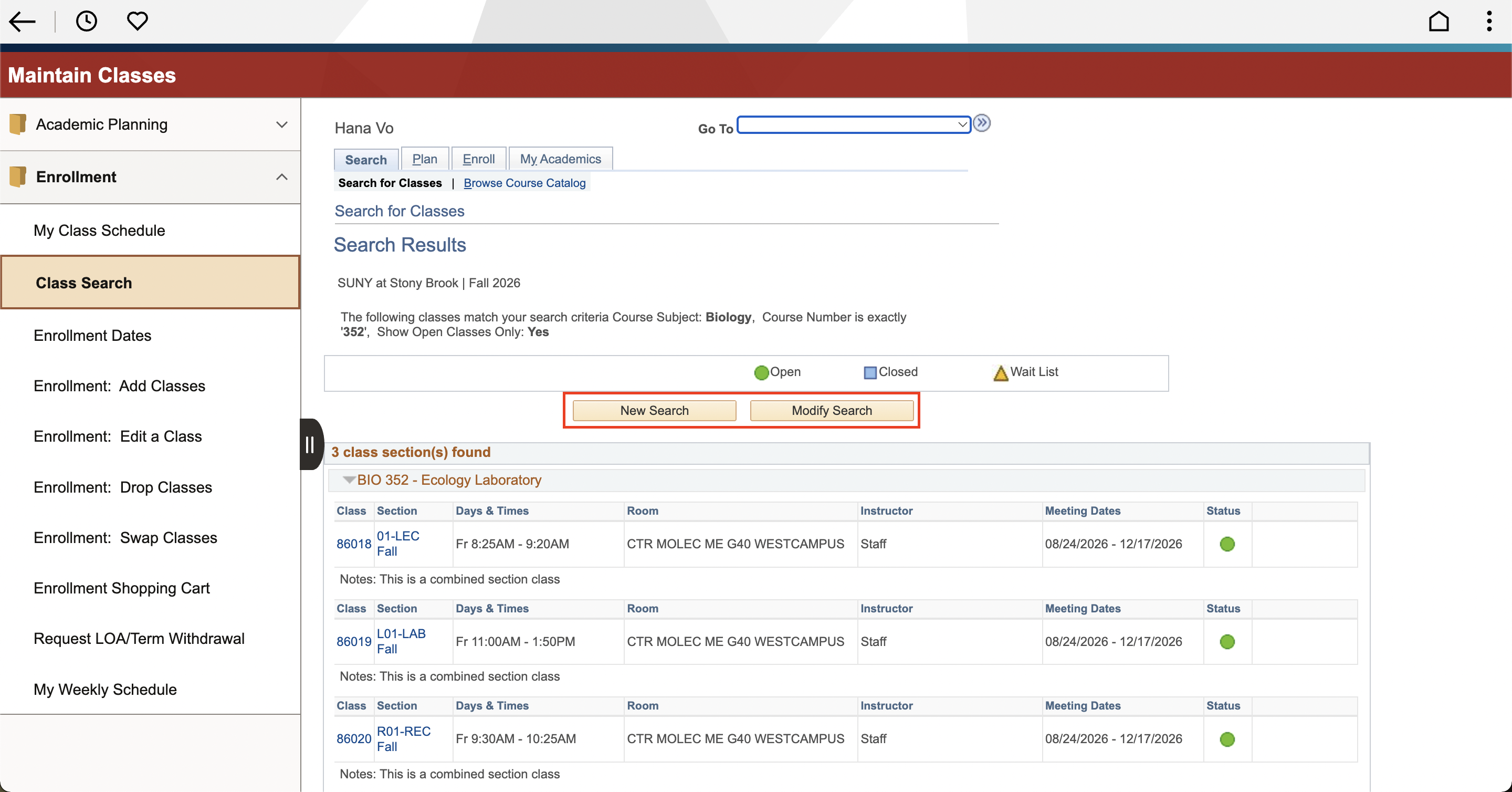 University class search interface. Red box indicating “New Search” and “Modify Search” buttons.