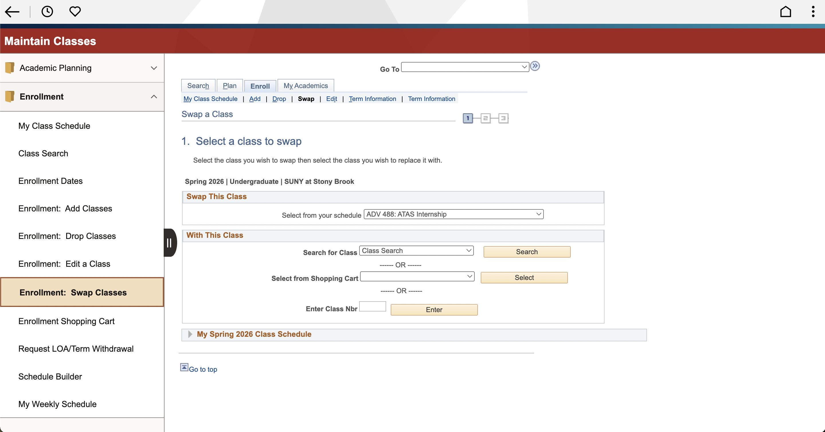 Online class enrollment page showing options to swap classes in a schedule.