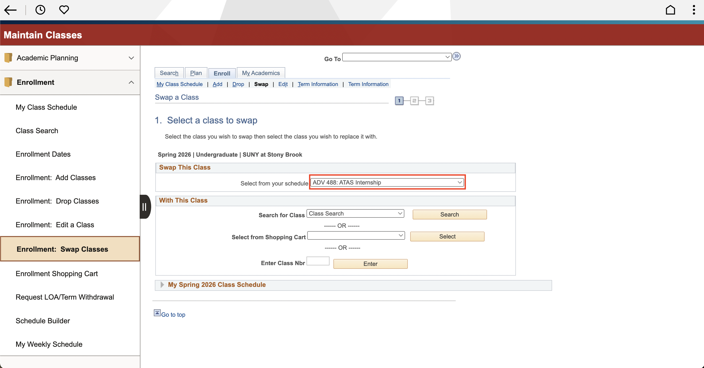 Online class enrollment page showing options to swap classes in a schedule. Red box indicating “select from your schedule” menu.