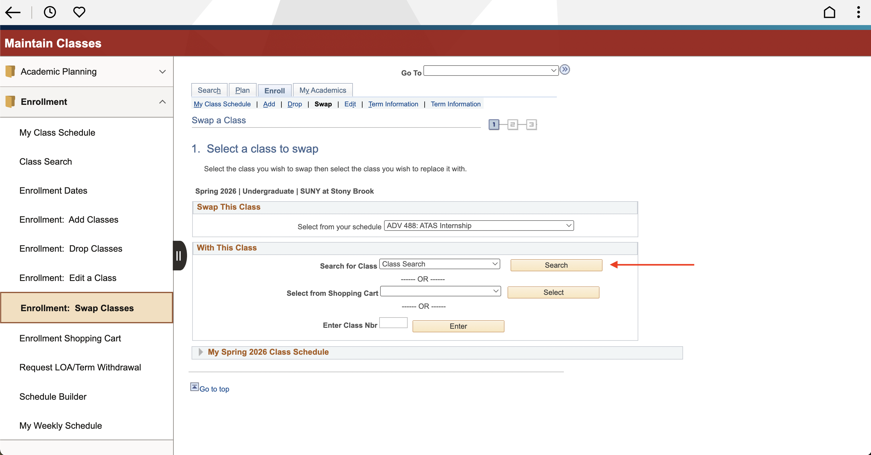 University class enrollment page interface showing "Swap a Class" feature. Red arrow indicating “Search” button.