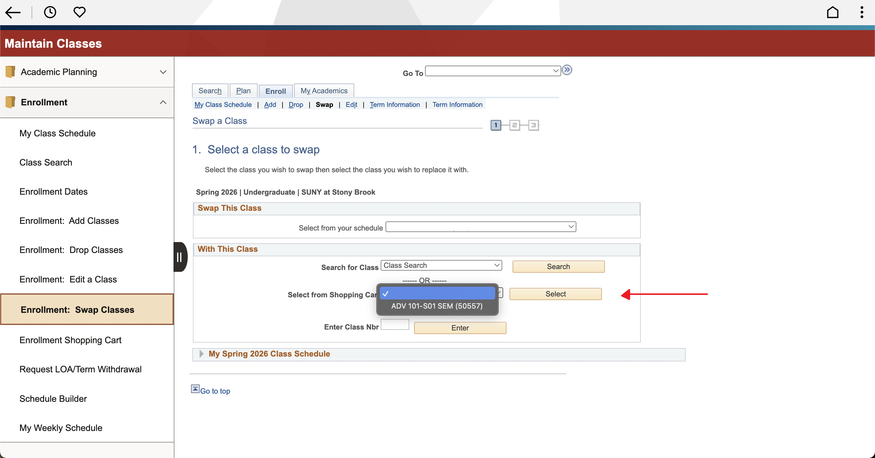 University class enrollment page interface showing red arrow indicating “Select from Shopping Cart” menu and “Select” button.