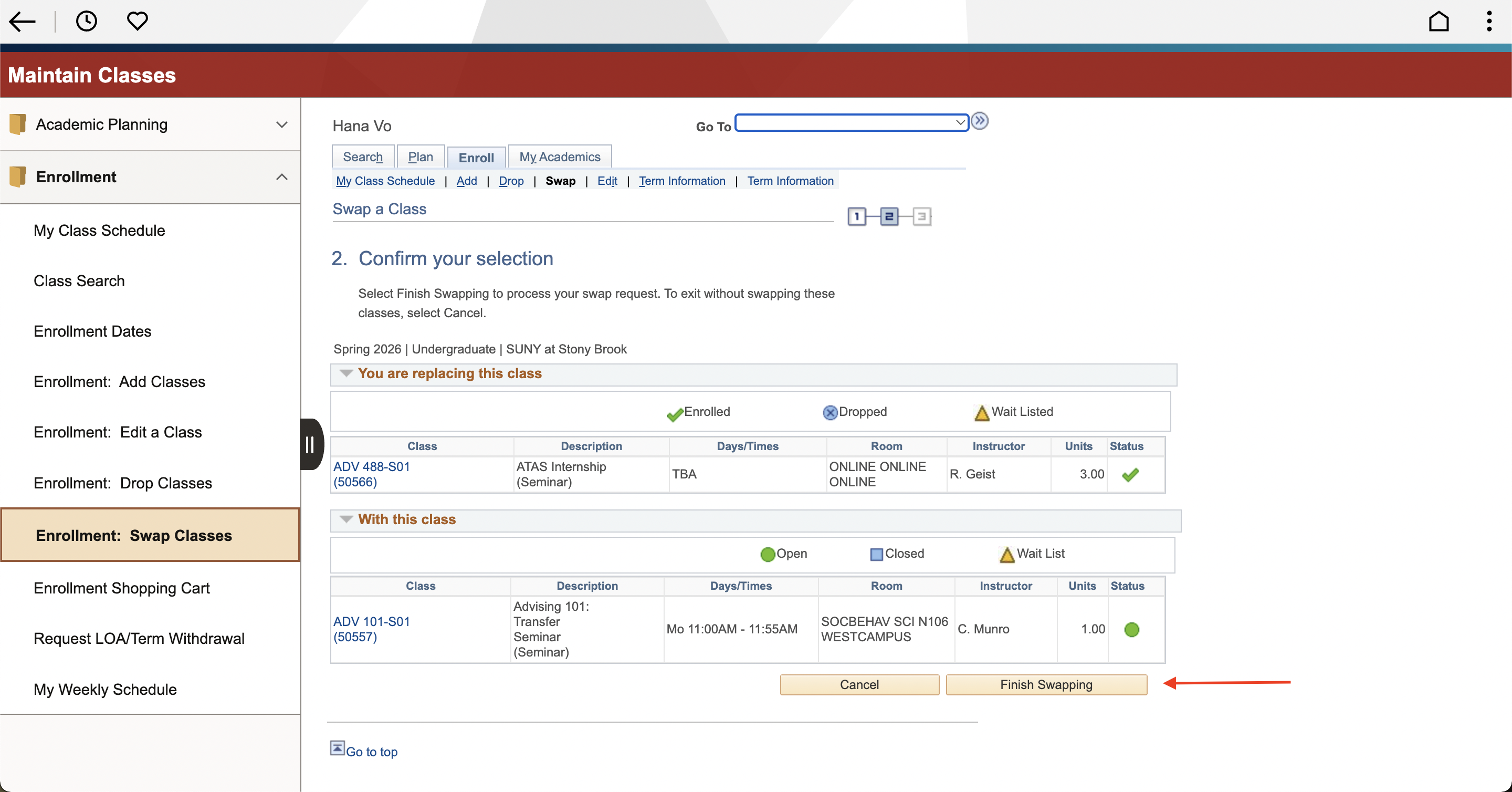 University online system showing class swapping process with details of current and new classes. Red arrow indicating “Finish Swapping” button.