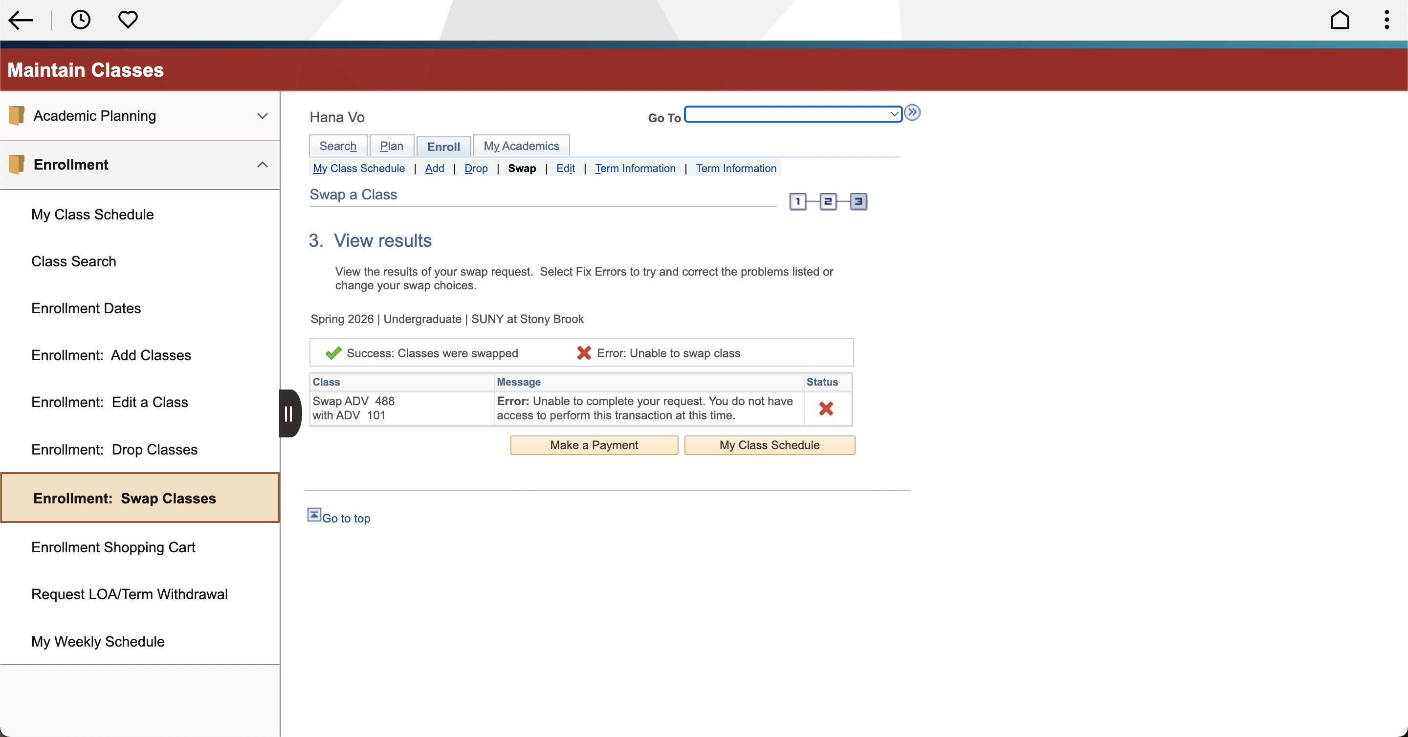 Web page showing class swap attempt results with success and error messages.