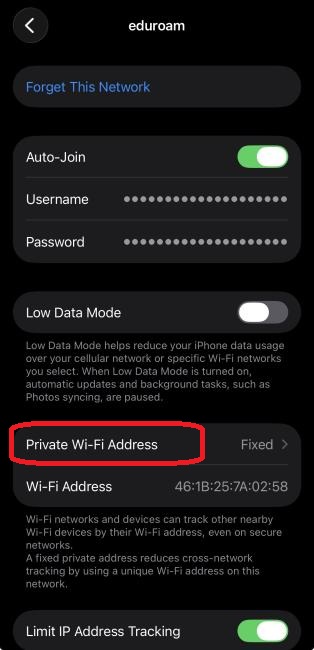 Tap on Private Wi-Fi Address.