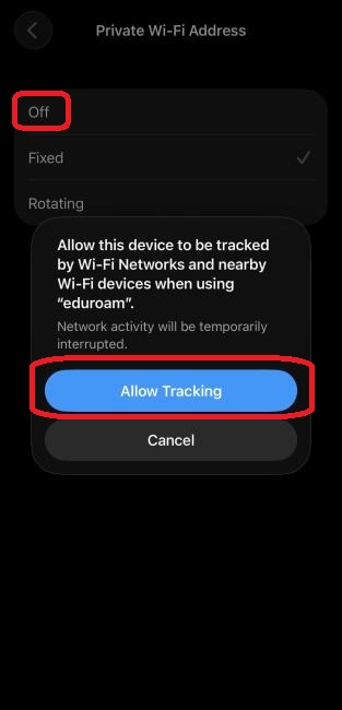 Select Off from the options. Then click Allow Tracking in order to proceed.