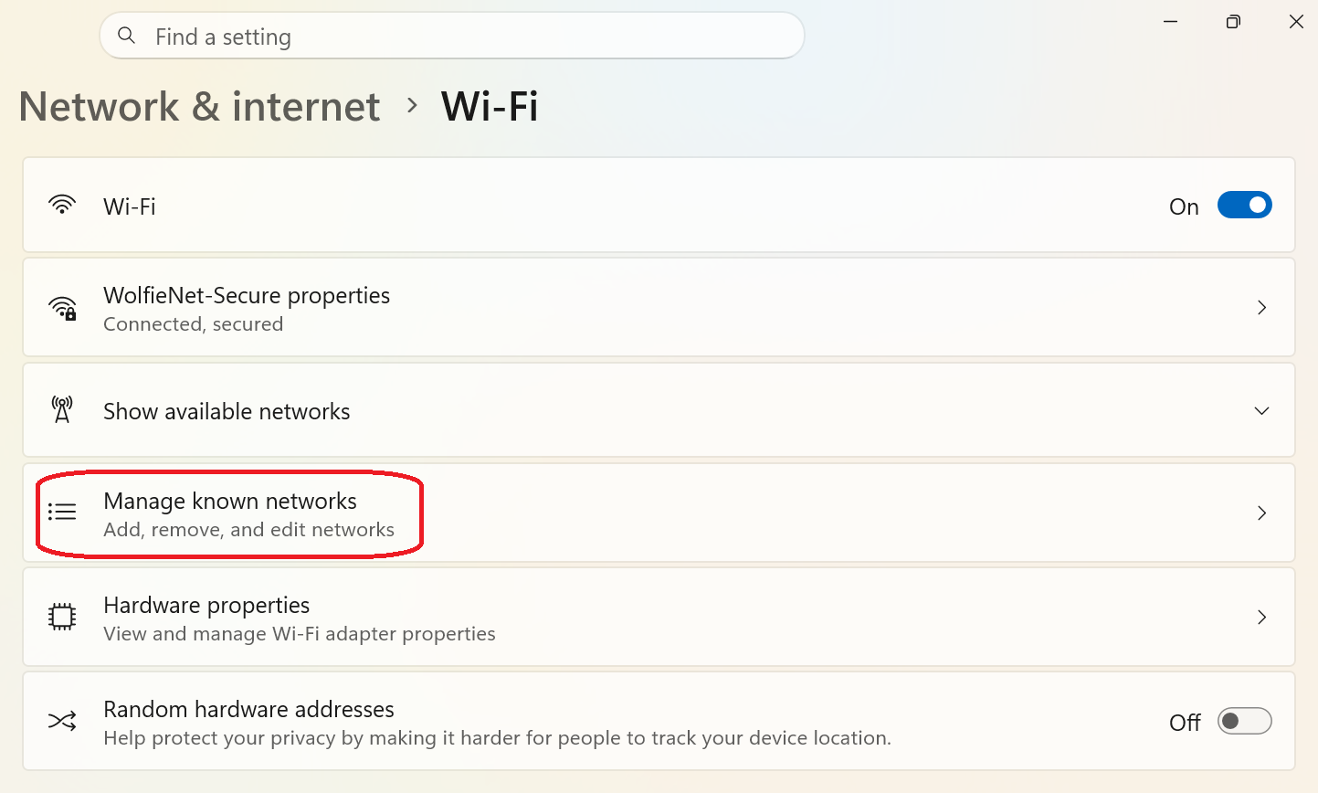 Click Manage known networks.
