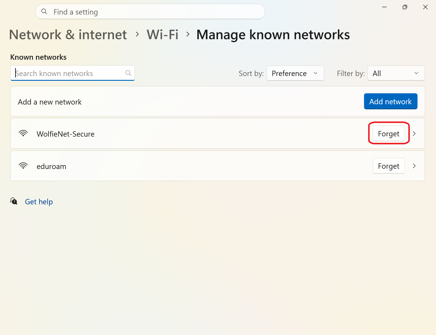 Click Forget next to the network you want to forget.