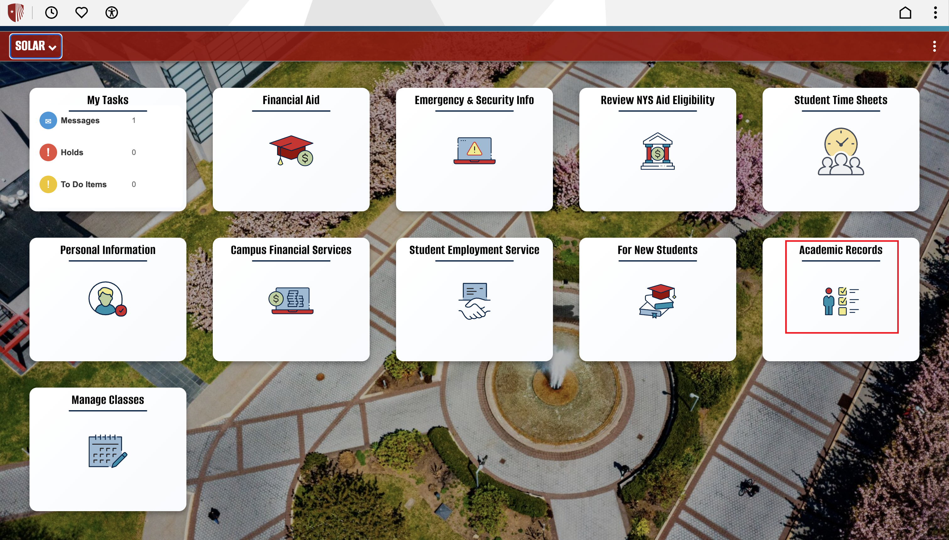Student portal interface with service tiles over a campus plaza and fountain. Red box indicating “Academic Records” button.