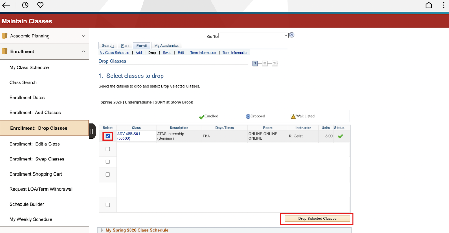 Webpage interface for dropping classes, showing a selected class and a button to drop the selected classes.