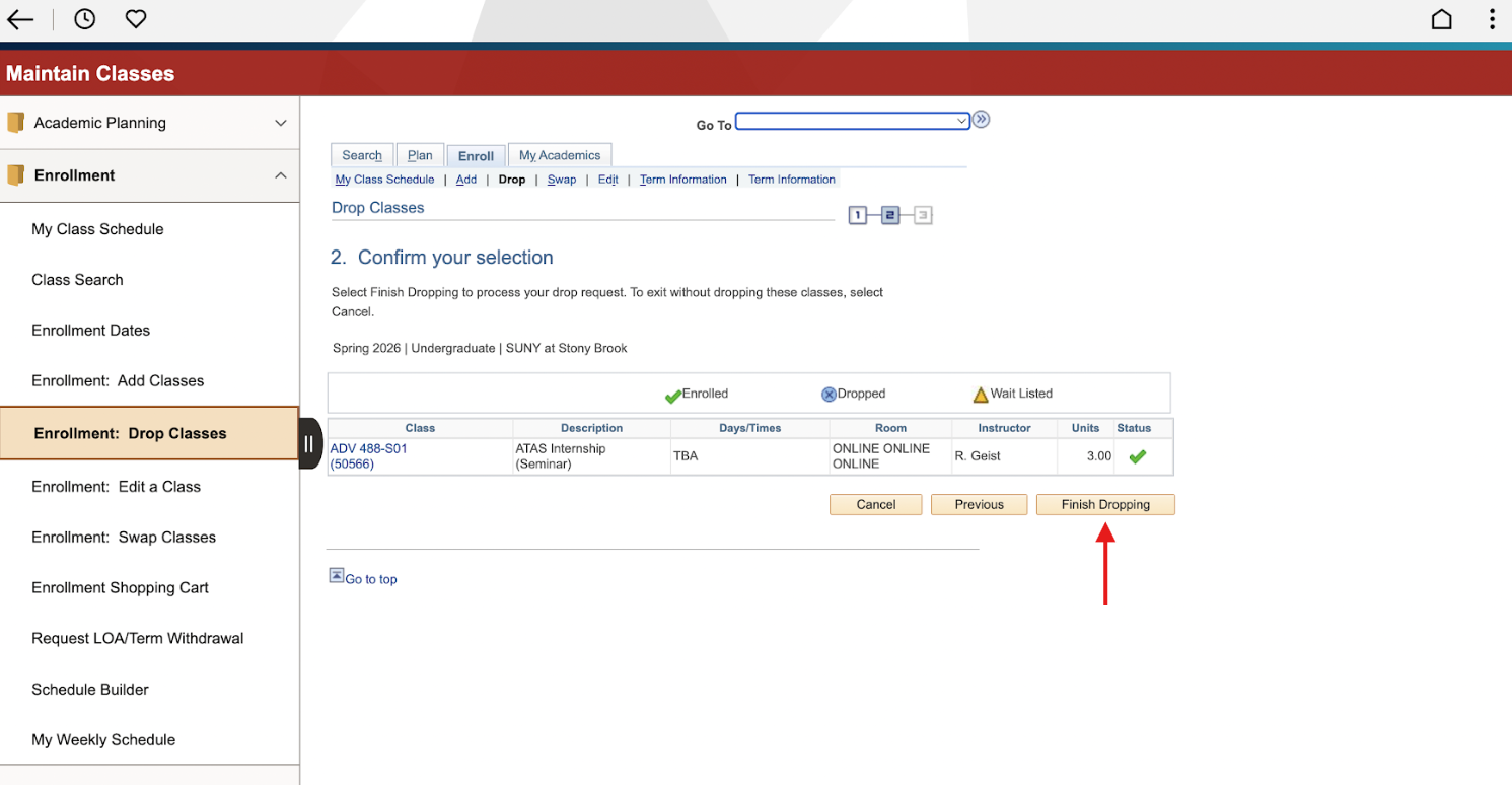 Interface for dropping a class showing "ADV 488-S01" with options to cancel or finish dropping.