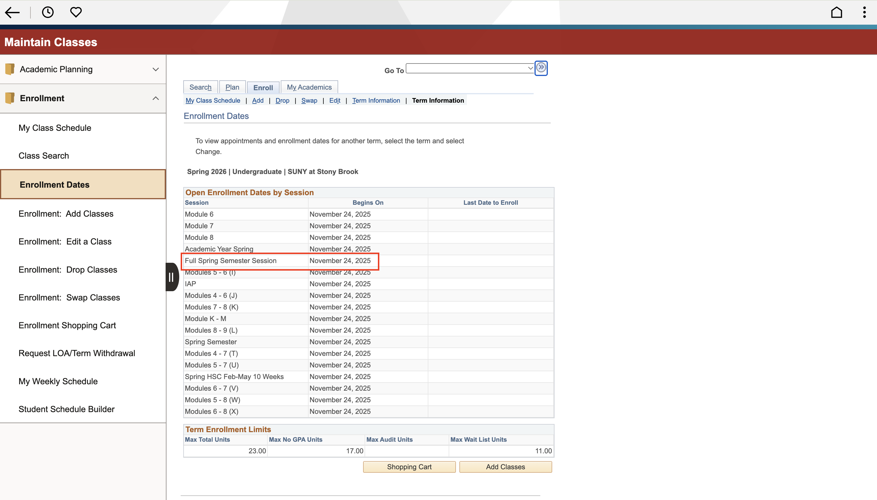 University enrollment webpage showing spring 2026 enrollment dates at SUNY Stony Brook with a highlighted full spring semester