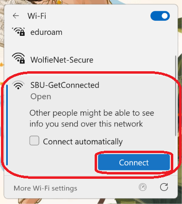 Navigate to the SBU-GetConnected (East Campus users select SBMED-Guest) network and click Connect