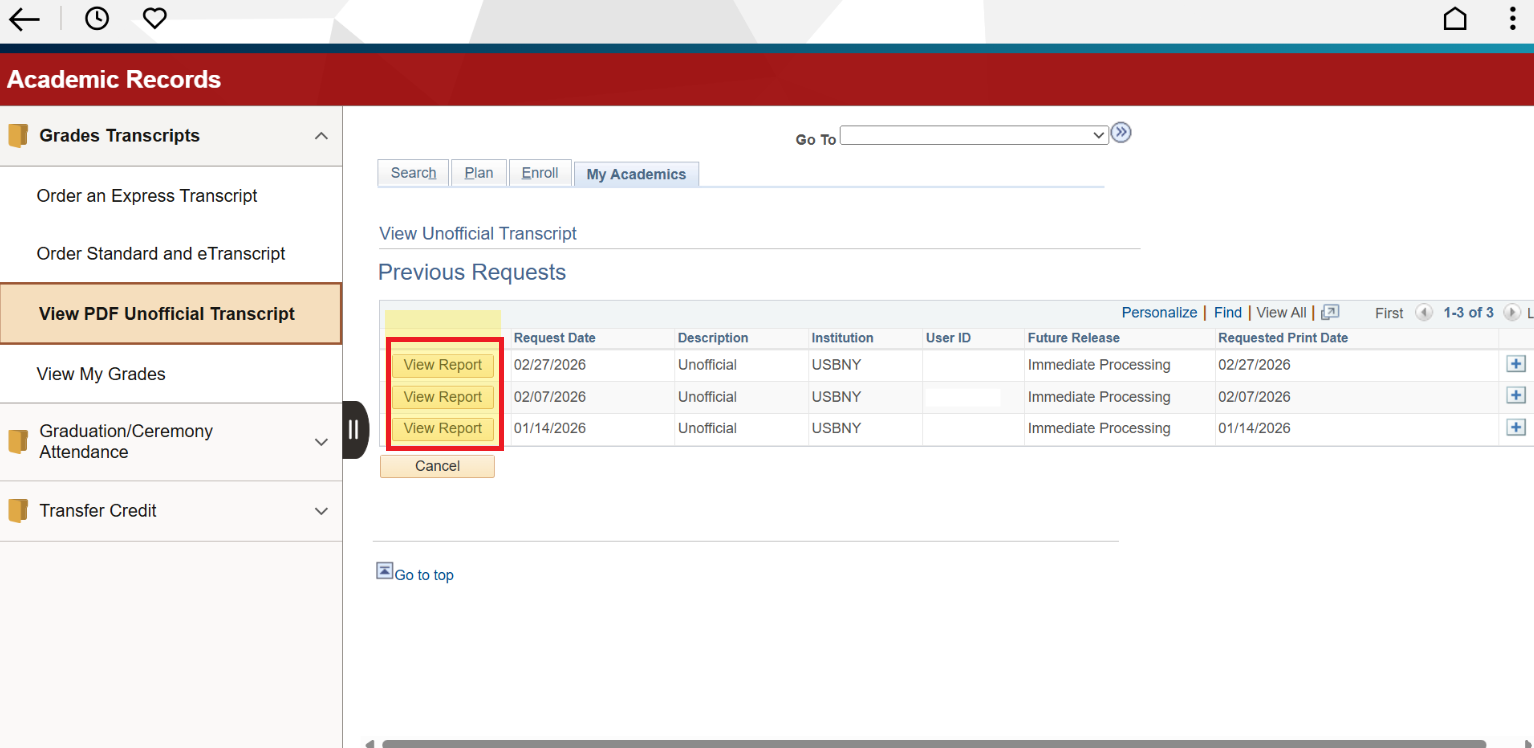 Web page interface showing academic records with a highlighted option to view a PDF unofficial transcript and a table of previous requests.