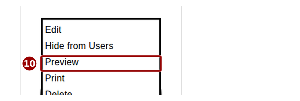  A quiz’s menu. Callout 10 marks the Preview option.
