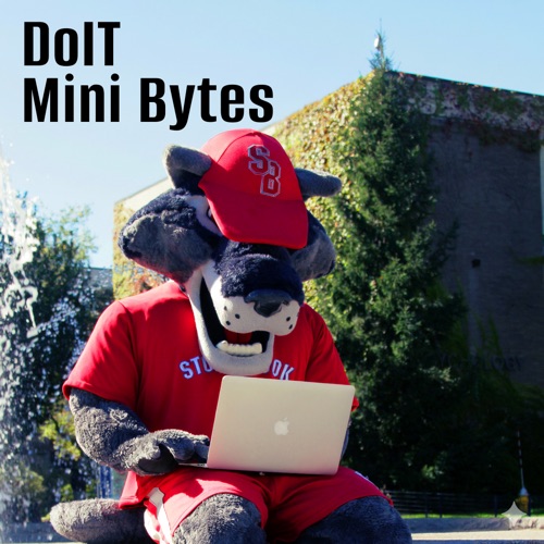 Wolfie at fountain on a laptop (Mini Bytes logo)