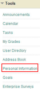 This is an image of Blackboard's Tools module with the "Personal Information" link highlighted.