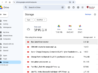 storage in Google Drive showing total used and usage by Drive, Gmail, Photos as well as files using drive storage by file size, starting with biggest