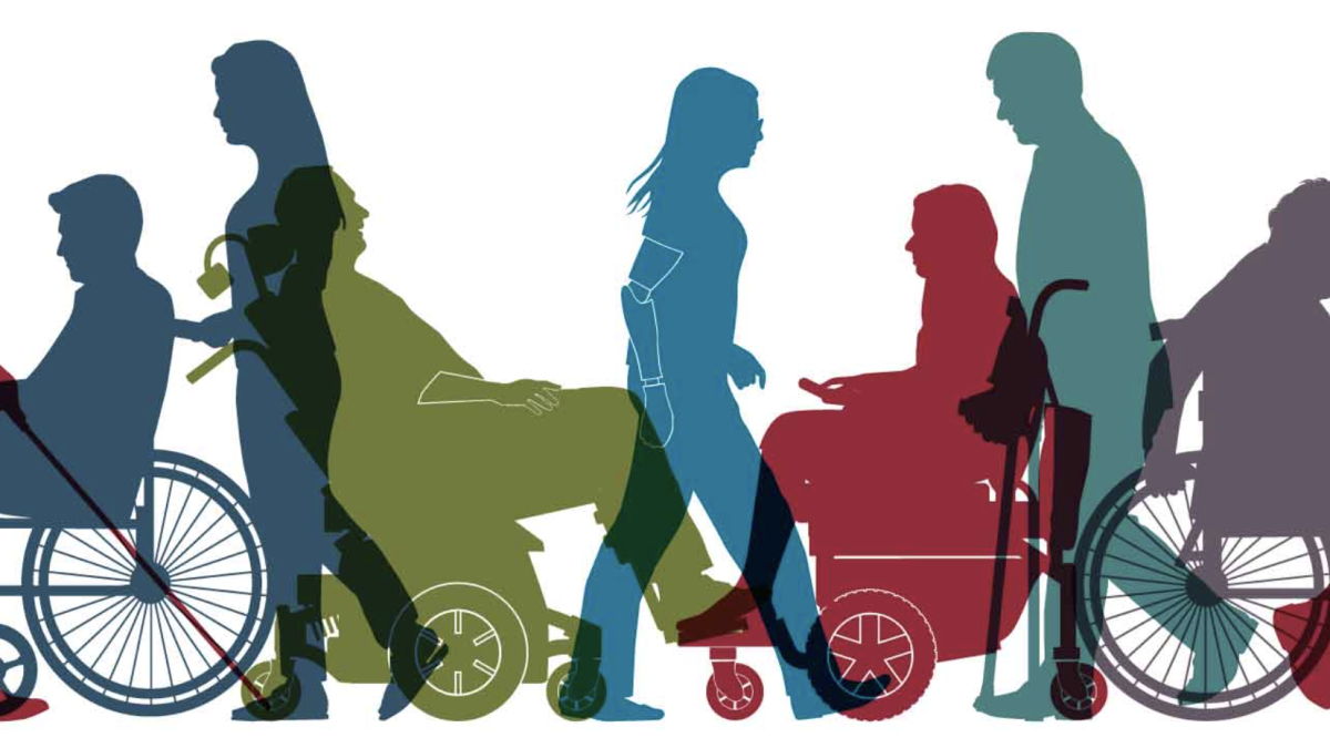 People walking and in wheelchairs