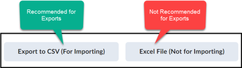 Image of the export to CSV option which is recommended, and the export to excel option which is not recommended. 