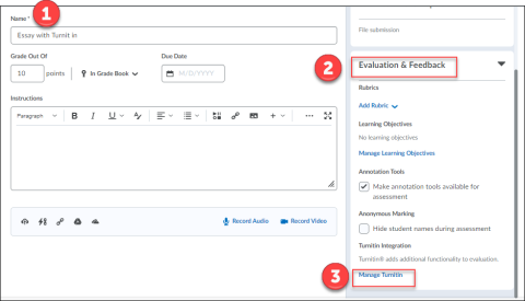 Image of Assignment settings in blackboard focusing on the "Evaluation & Feedback" options