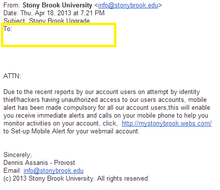 This is a screen shot of a phishing email attempt with no email address in the to field
