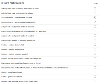 Image of the notifications that you can enable email messages for. 