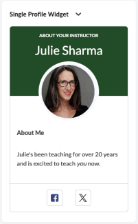 single profile widget saying "About Your INstructor", with an image of the instructor, instructor name, and an About Me saying Julie's been teaching for over 20 years and is excited to teach you now.