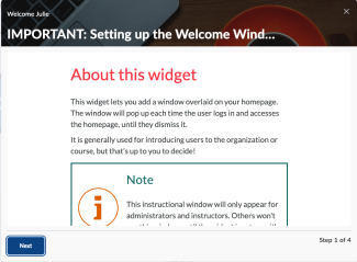 Brightspace Welcome widget showing a welcome message and button to click to the next screen of the widget