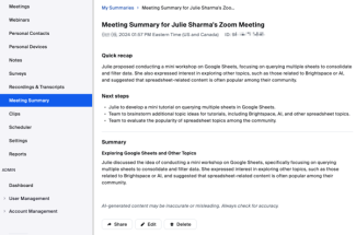 Meeting Summary in Zoom web portal showing a meeting summary with Share Edit and Delete buttons